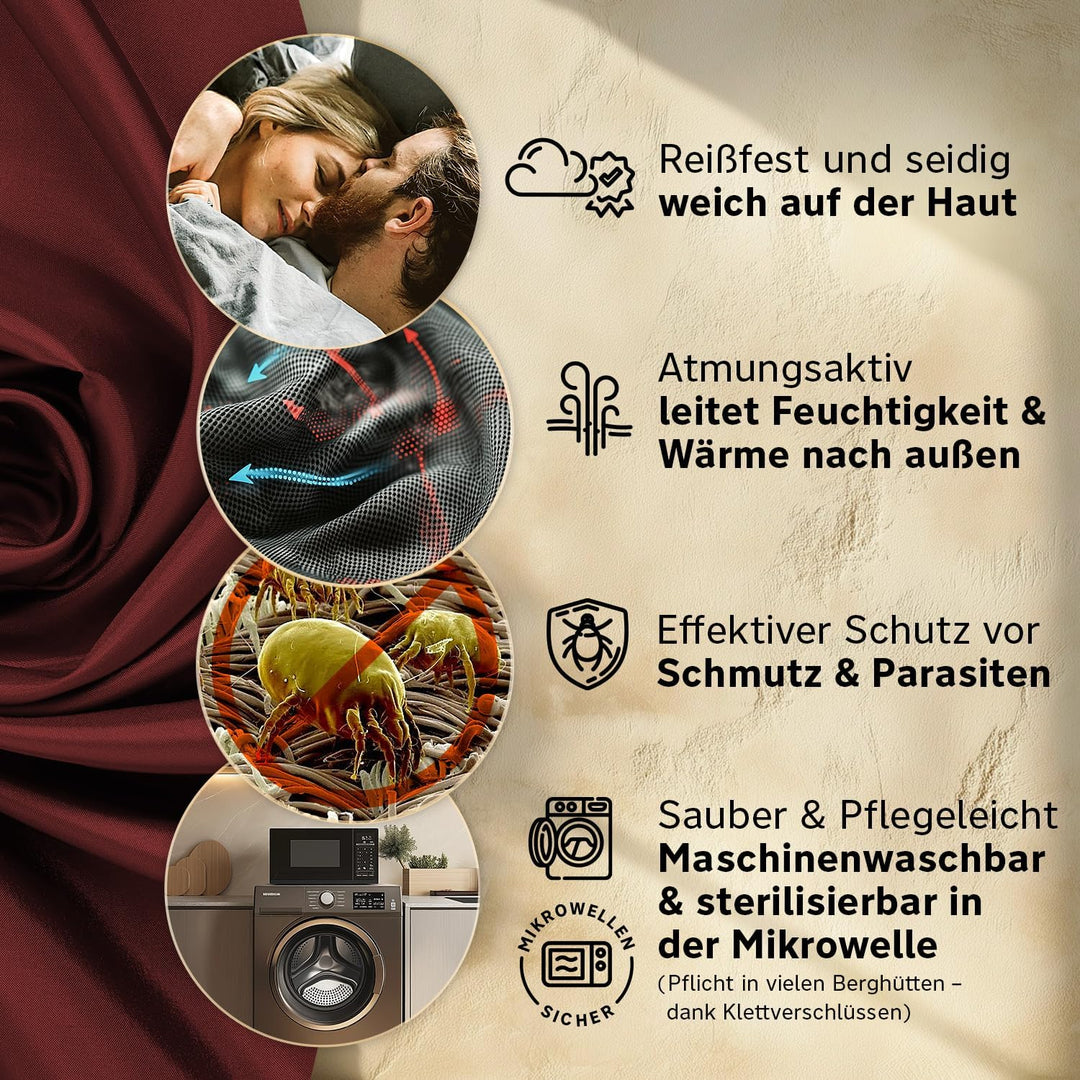 Hüttenschlafsack aus Mikrofaser oder Bio-Baumwolle (nur 230g / 380g) - Ultra leicht, klein und dünn.
