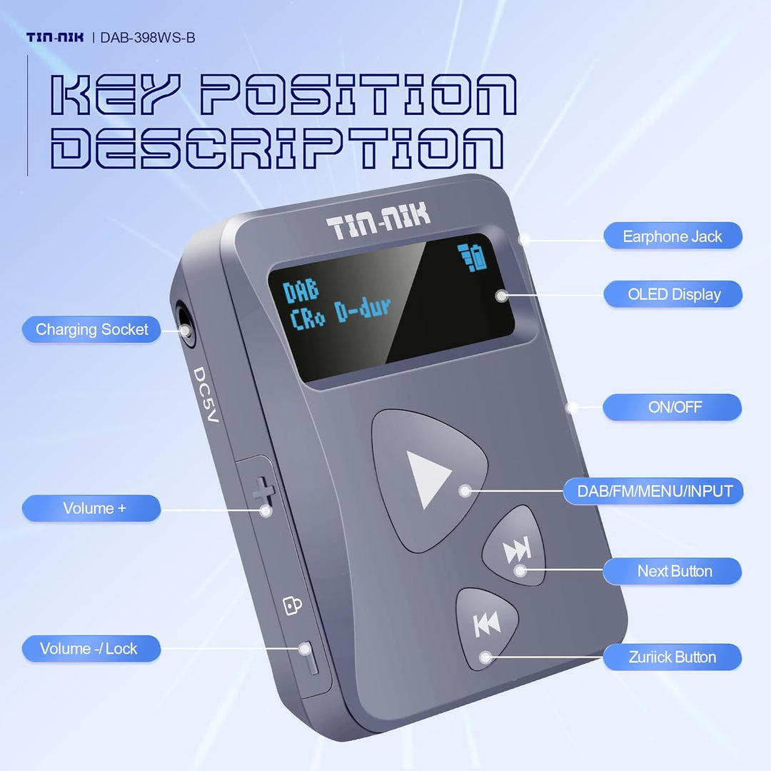 Tin-Nik DAB-398WS-DB Tragbares DAB/DAB+/FM-Radio, Digitales RDS-FM-Mini-Taschenradio mit wiederaufla
