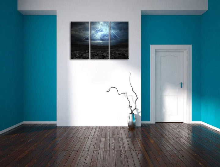 Pixxprint Blitz an Himmel als Leinwandbild | Grösse: 3 Teilig (120x80) | Wandbild| Kunstdruck | fert