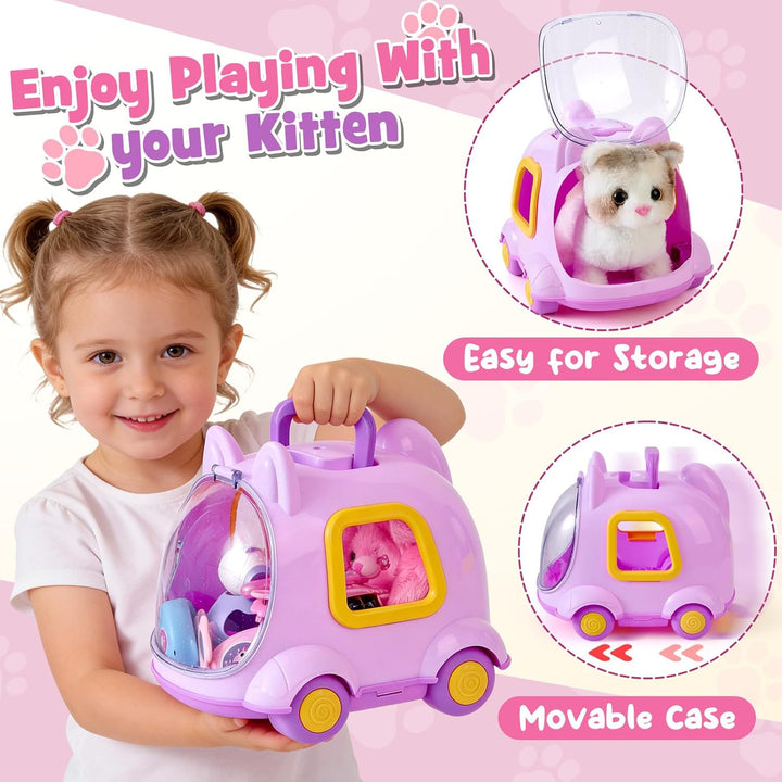 vamei Katze Spielzeug Kinder, Interaktives Plüsch Katze Laufende Miauen mit Katzenkäfig Bett & Pfleg