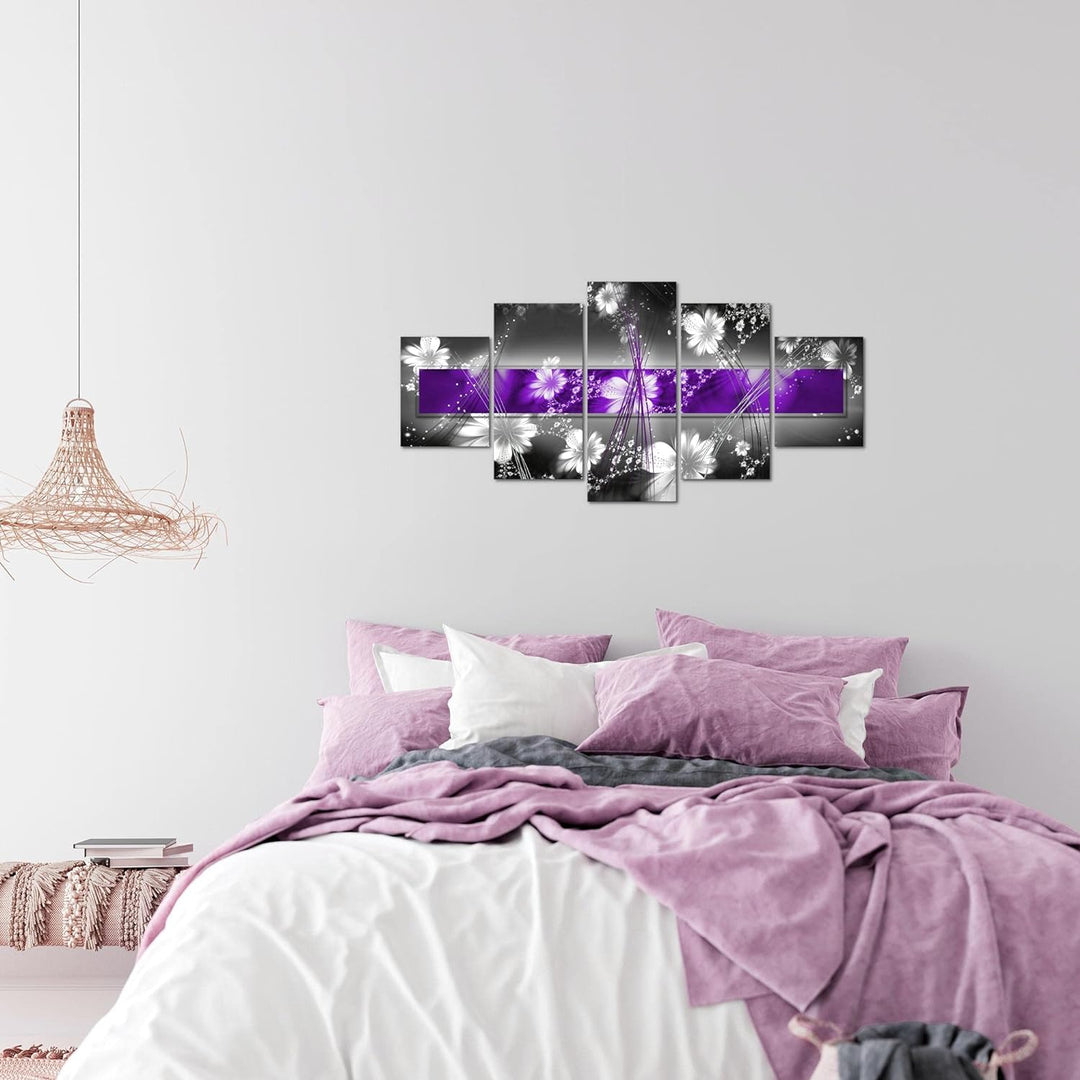 Runa Art Wandbilder Abstrakt Blumen 5 Teilig Bild auf Vlies Leinwand Deko Wohnzimmer Grau Lila Weiss