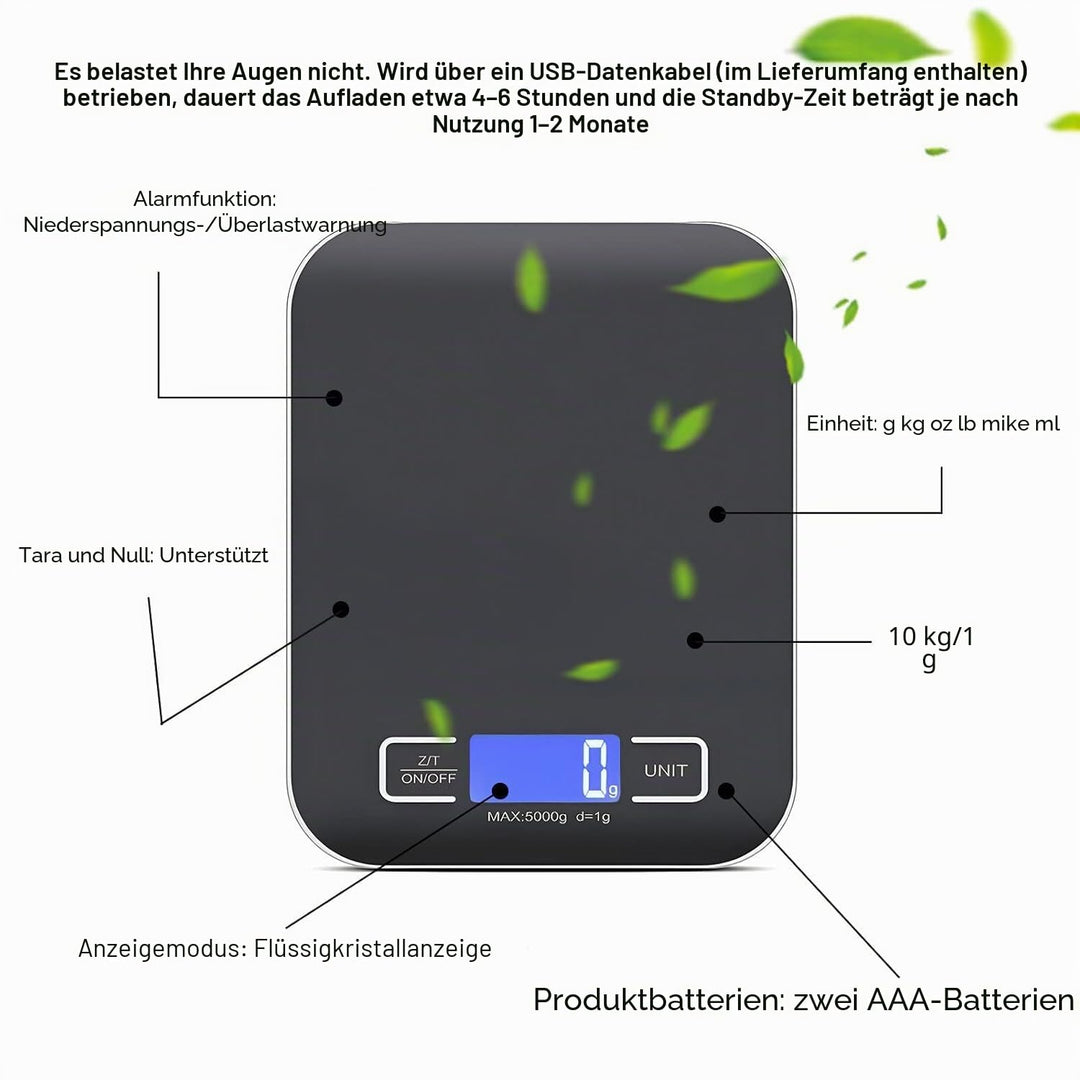 Küchenwaage Digital, 10kg/1g Waage Küchenwaage, USB Wiederaufladbare Digital Küchenwage mit Led Disp