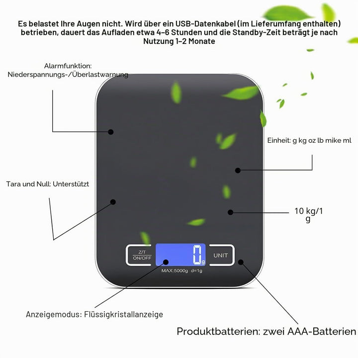 Küchenwaage Digital, 10kg/1g Waage Küchenwaage, USB Wiederaufladbare Digital Küchenwage mit Led Disp