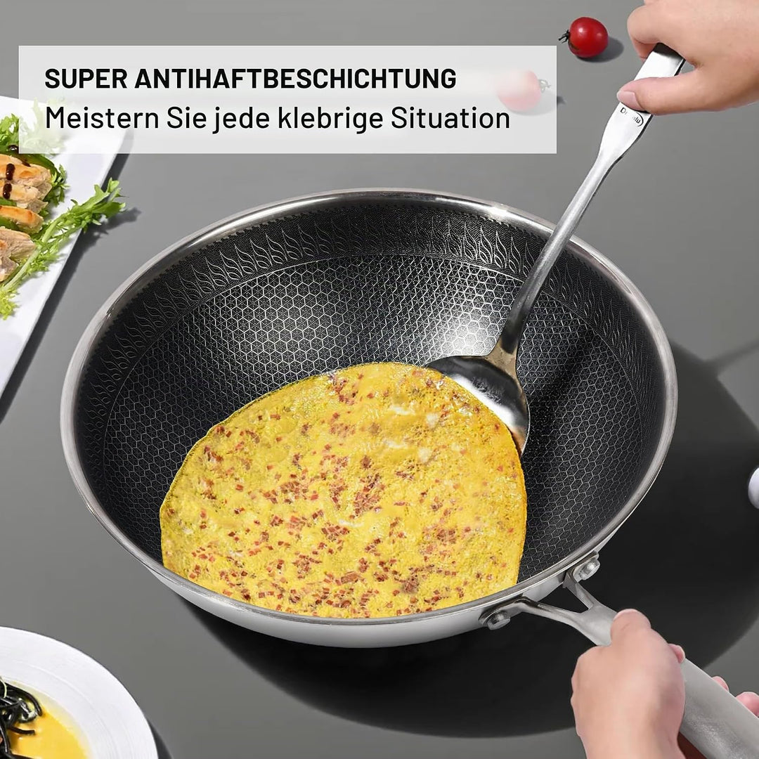 RIOVARM 32cm Edelstahl Wok mit Deckel, Antihaftbeschichtung Flacher Boden Wok-Pfanne, Dreilagig Honi