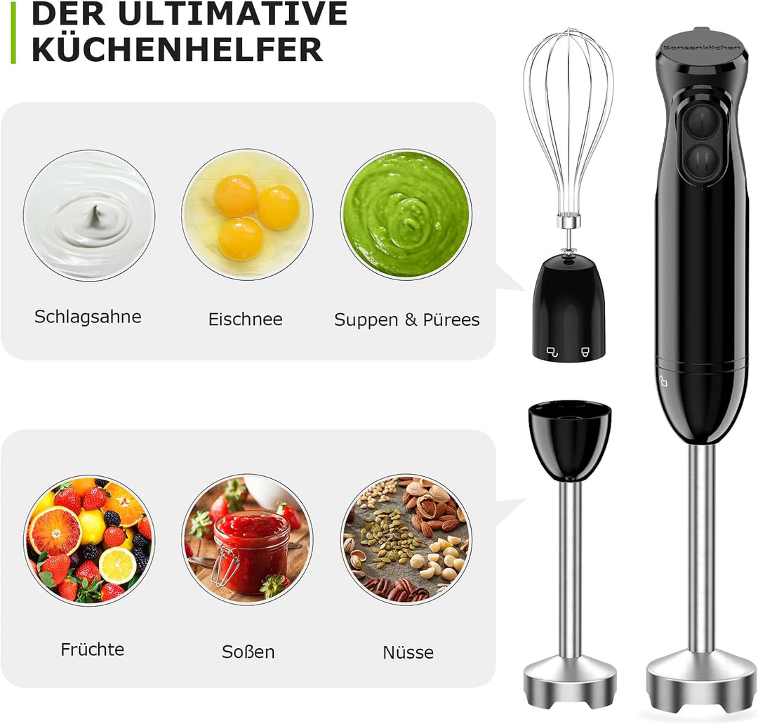 Bonsenkitchen 3 in 1 Elektrischer Stabmixer, 1000W Pürierstab mit Schneebesen/Messbecher, Stufenlose