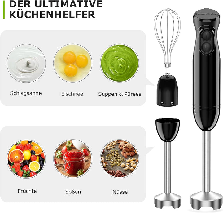 Bonsenkitchen 3 in 1 Elektrischer Stabmixer, 1000W Pürierstab mit Schneebesen/Messbecher, Stufenlose