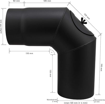 LANZZAS Ofenrohr Bogen 90° mit Tür, im Durchmesser 120 mm - Farbe: schwarz - Rauchrohr