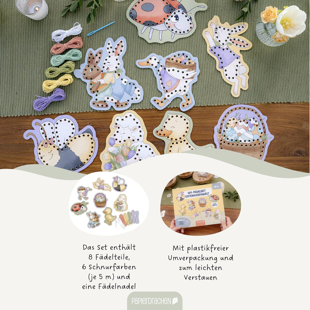 Papierdrachen Fädelset Osterhasenwelt - Pappe - DIY - Bastelset - Ostern - zur Förderung der Feinmot
