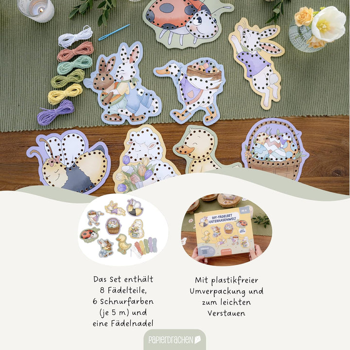 Papierdrachen Fädelset Osterhasenwelt - Pappe - DIY - Bastelset - Ostern - zur Förderung der Feinmot