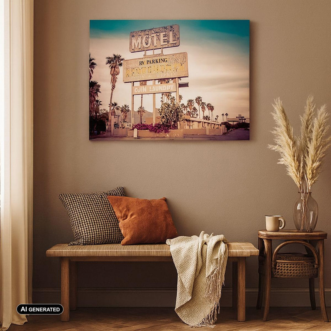 Bilder auf Leinwand 100x70cm Leinwandbild Amerika Motel Strasse Zeichen Gross Wanddeko Bild Schlafzi