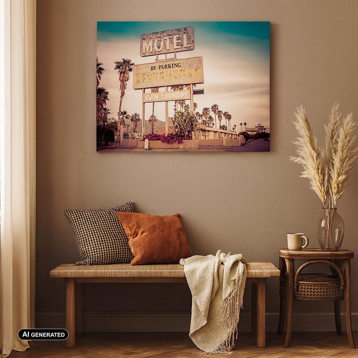 Bilder auf Leinwand 100x70cm Leinwandbild Amerika Motel Strasse Zeichen Gross Wanddeko Bild Schlafzi