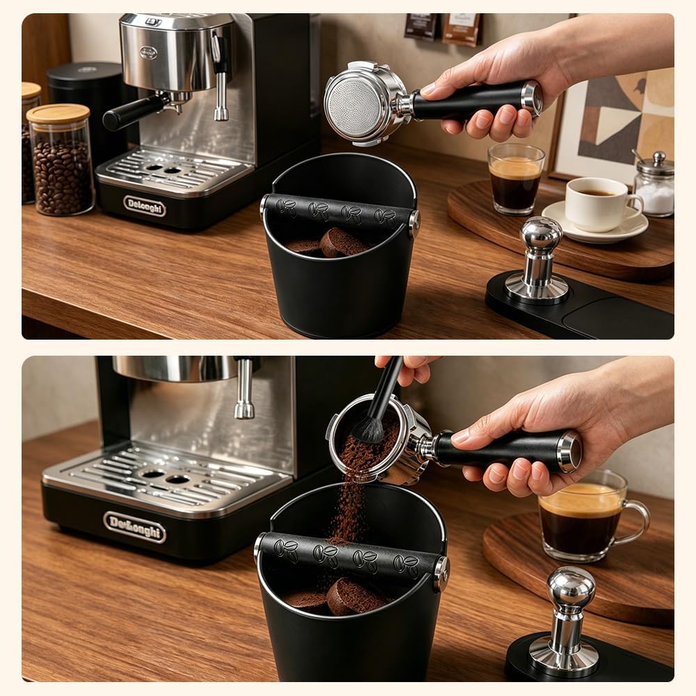 Abklopfbehälter für Siebträger, Espresso Kaffeesatz Abschlagbehälter mit Abnehmbarer Knock Bar und B
