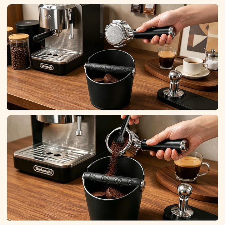 Abklopfbehälter für Siebträger, Espresso Kaffeesatz Abschlagbehälter mit Abnehmbarer Knock Bar und B