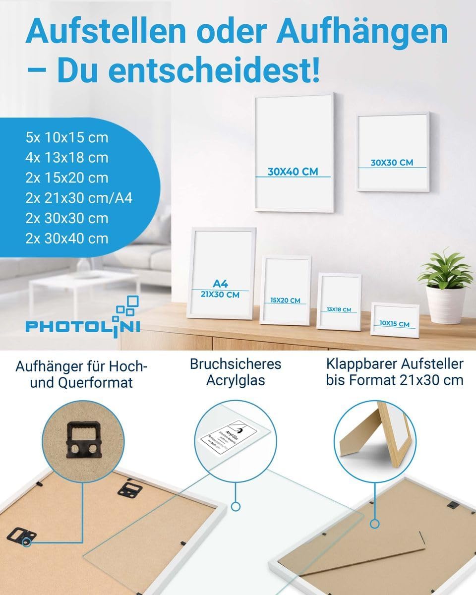 PHOTOLINI weisse Bilderrahmen Set verschiedene Grössen, 17 Bilderrahmen weiss Holz MDF, Bilder Rahme