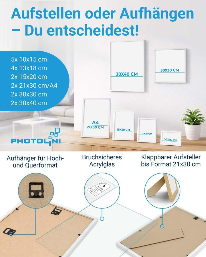 PHOTOLINI weisse Bilderrahmen Set verschiedene Grössen, 17 Bilderrahmen weiss Holz MDF, Bilder Rahme