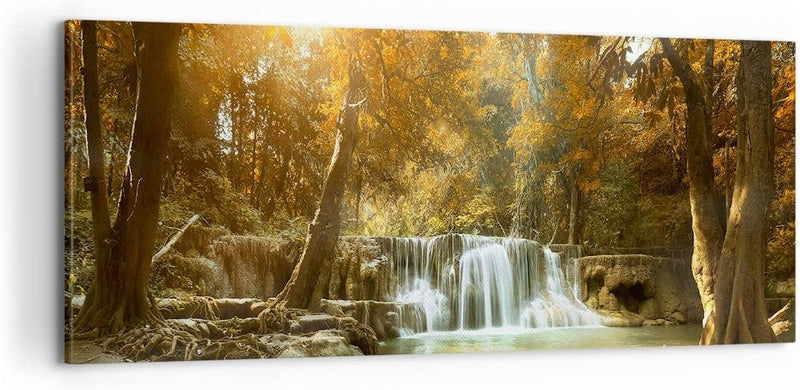 Panorama Bilder auf Leinwand 100x40cm Leinwandbild Park Wasserfall Wasser Gross Wanddeko Bild Schlaf