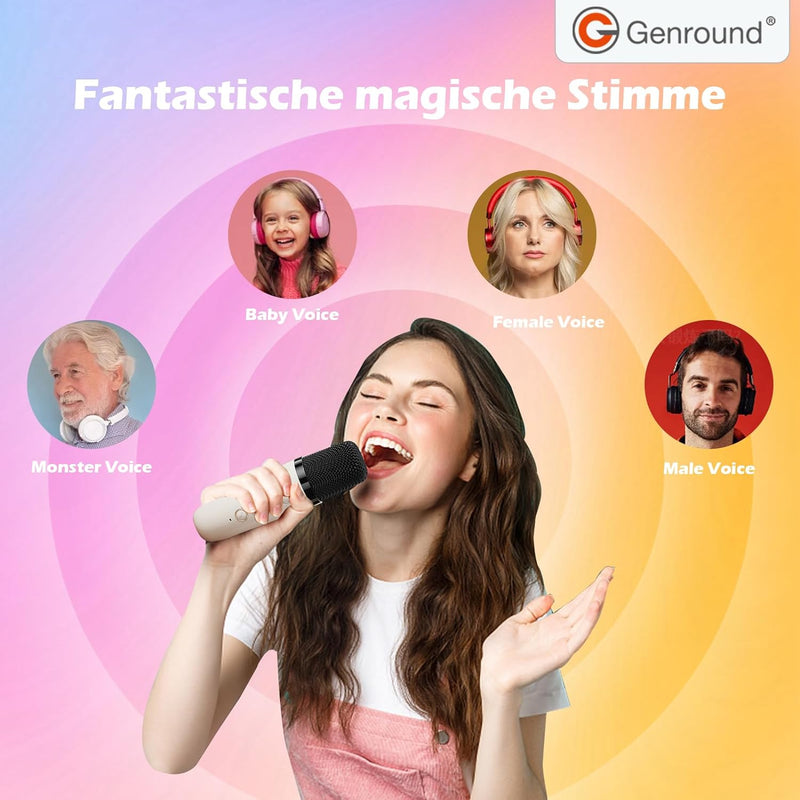 Genround Tragbare Karaoke-Maschine, 2 Mikrofone, Bluetooth-Lautsprecher mit Gesangsentferner, 3 LED-