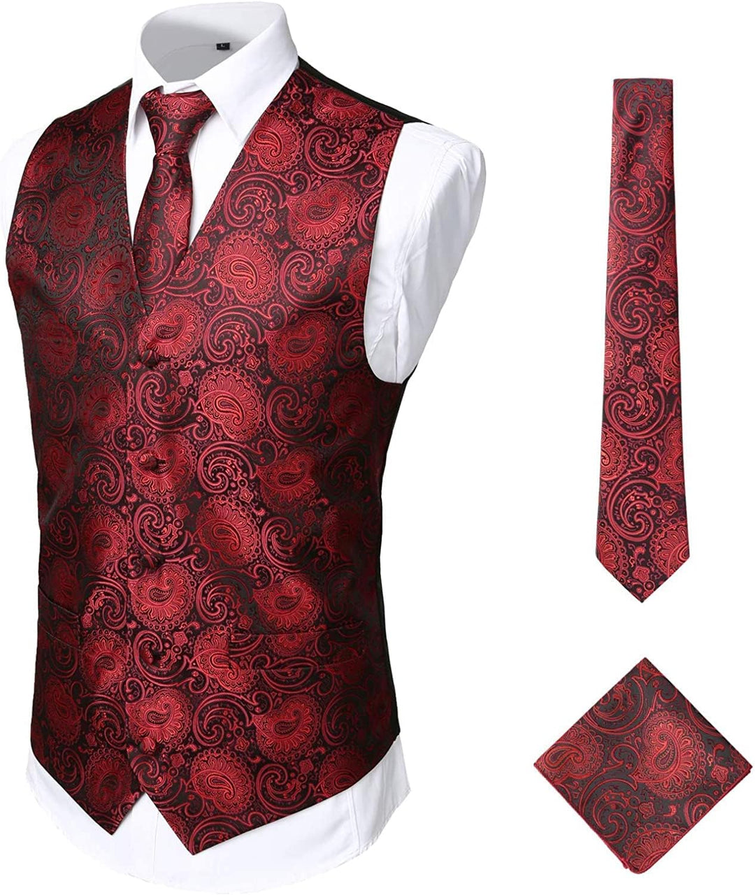 PARKLEES Klassische Herren-Weste, Paisleymuster, Krawatte, Einstecktuch, Set, Hochzeit, Abschlussbal