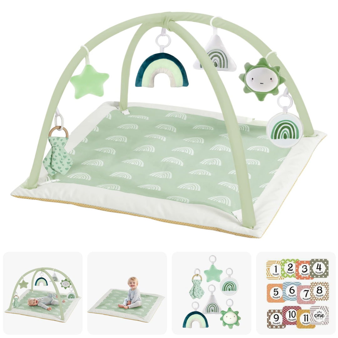 Mallify - Spielmatte für Babys mit Krabbeldecke, 6 abnehmbaren sensorischen Spielzeugen und 12 bunte
