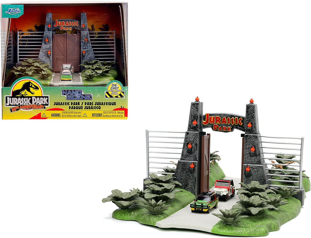 Jada Toys Jurassic World Nano Scene (17x18 cm) - Spiel-Kulisse mit Jurassic Park Tor, 2 Metall-Autos