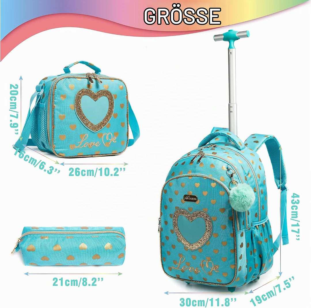 HTgroce Schulranzen mit Rollen für Mädchen, Kinderrucksack mit Rollen Trolley Schulrucksack für Mädc