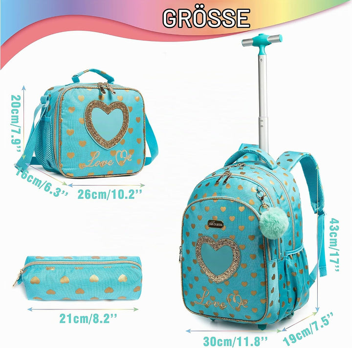 HTgroce Schulranzen mit Rollen für Mädchen, Kinderrucksack mit Rollen Trolley Schulrucksack für Mädc
