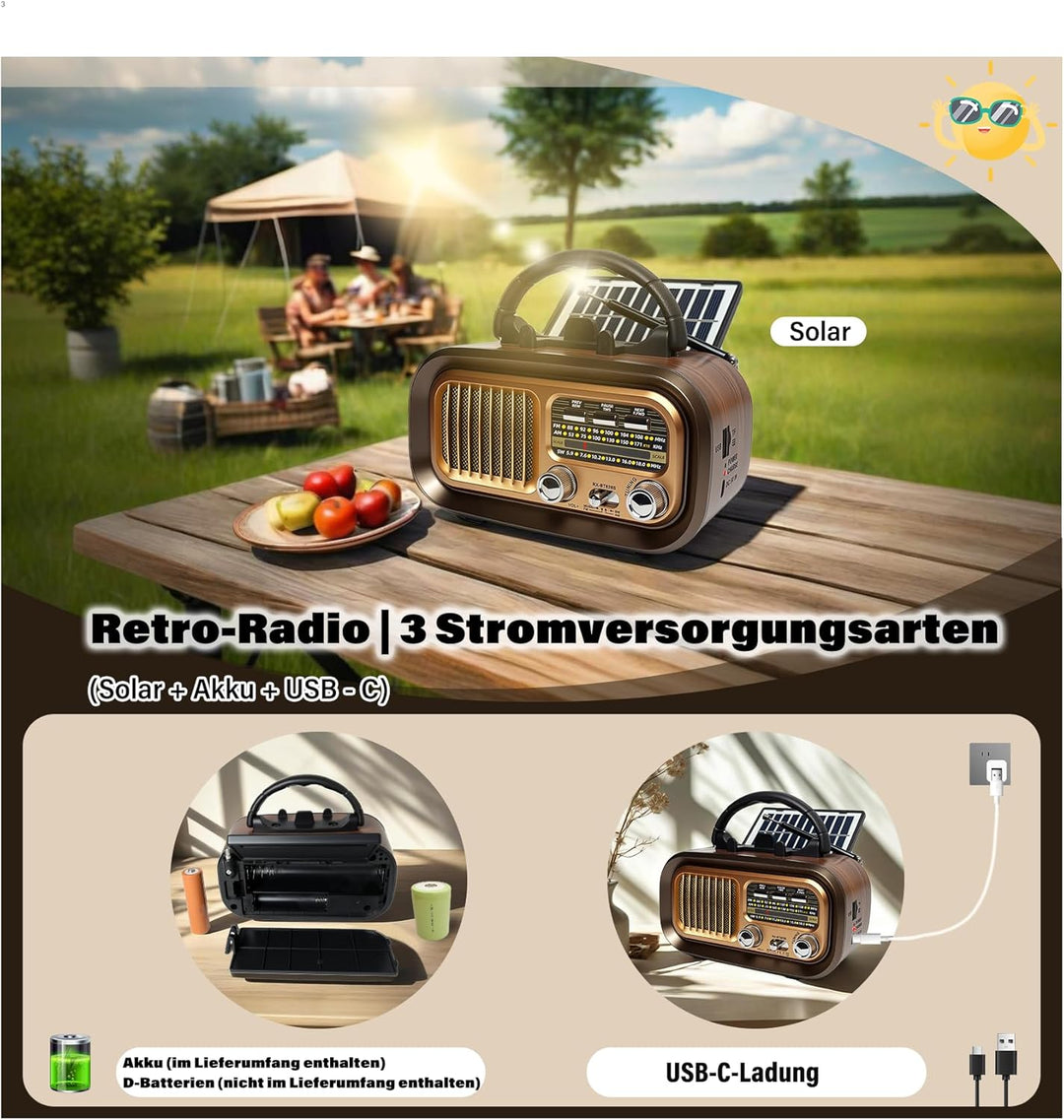 Retro Radio mit mit Solarzelle, AM/FM/SW Klein Radio Batteriebetrieben und Küchenausführung 1200mAh