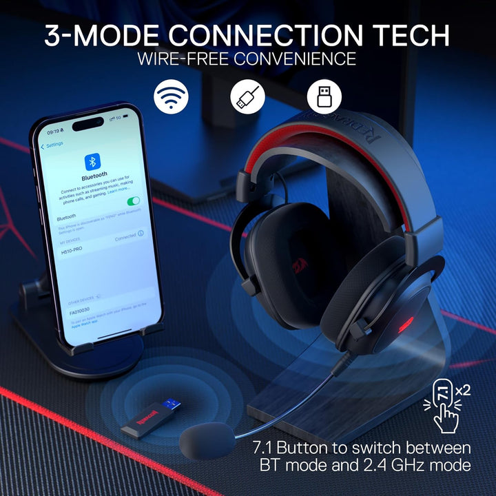Redragon H510 Zeus-X RGB Kabelloses Gaming-Headset – 7.1 Surround Sound – 53 mm Audio-Treiber-Ohrpol