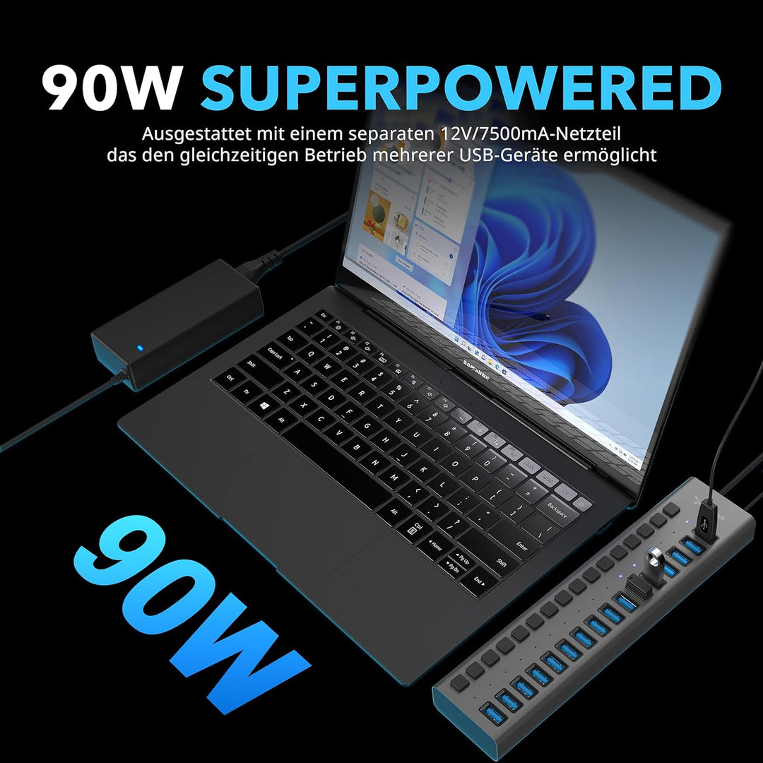 Sabrent USB 3.2 Gen 1 16 Port Aluminium HUB mit Netzschaltern und LEDs, inklusive Netzteil (HB-PU16)