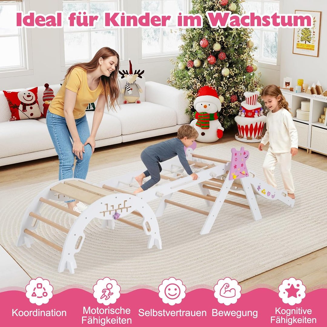 GOPLUS 9-in-1 Klettergerüst Indoor, Kletterdreieck Holz, 4er Set Kletterspielzeug mit Kletternetz, K