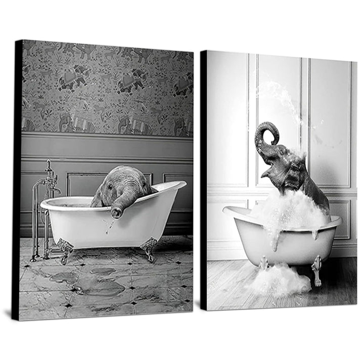 WADBTP Badezimmer Bilder,Schwarz Weiss Bilde,Lustige Tier in der Badewanne Leinwand Bilder für Wohnz