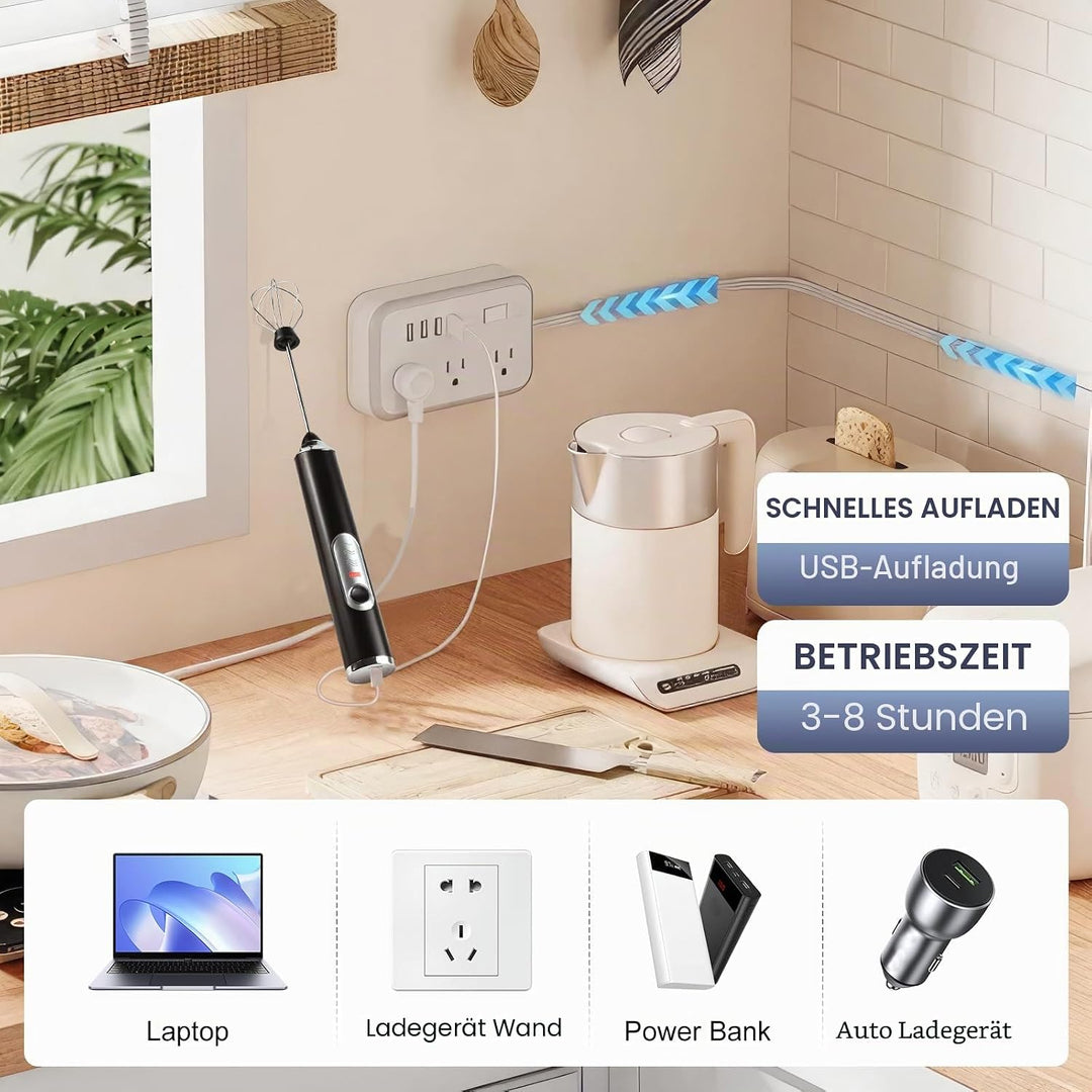 Elektrische Milchaufschäumer Stab Milchschäumer Elektrisch Wiederaufladbar mit 3 Edelstahl-Schneebes