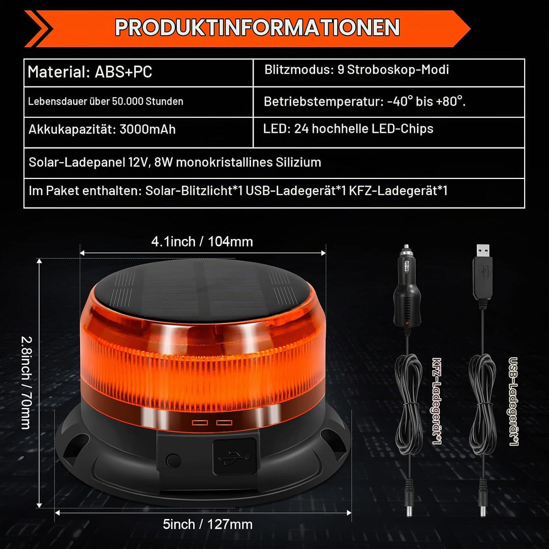 antom rundumleuchte akku Solarenergie 9 Blitzmuster 12V 24V Gelb Warnleuchte led magnet mit 1 Meters