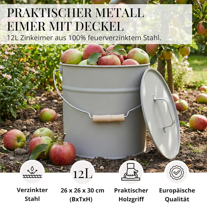 LIVLIG Premium Ascheeimer mit Deckel 12L Greige, exklusiver verzinkter Eimer mit Deckel für moderne
