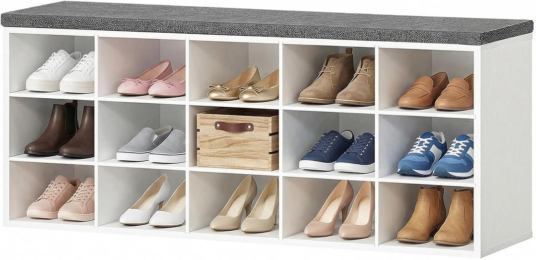 HOOBRO Schuhbank mit 15 Fächern, Schuhregal mit gepolsterter Sitzbank, Schuhschrank, 110 x 30 x 48 c