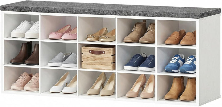 HOOBRO Schuhbank mit 15 Fächern, Schuhregal mit gepolsterter Sitzbank, Schuhschrank, 110 x 30 x 48 c