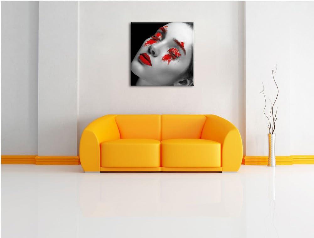 Frau mit roten Pulver auf Lippen und Augen schwarz/weiss, Format: 70x70 auf Leinwand, XXL riesige Bi