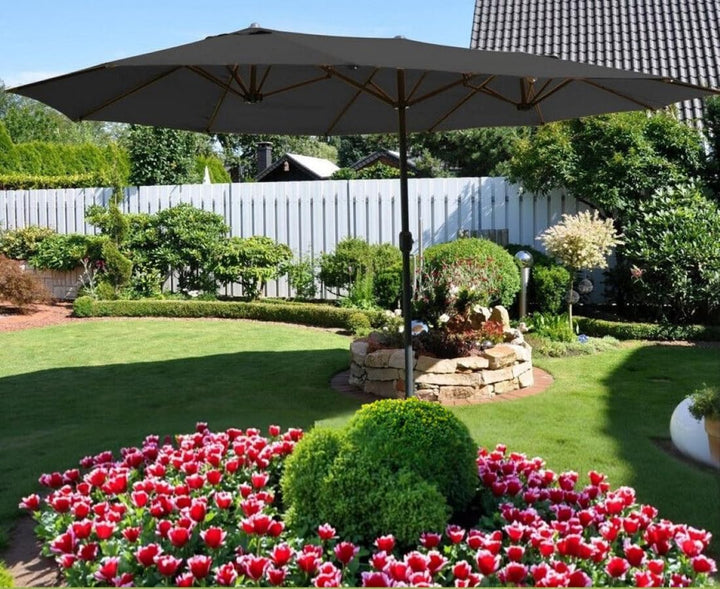 QMBasic Doppelsonnenschirm 4,6 x 2,7 m Oval Anthrazit Gartenschirm Kurbel Sonnenschirm Marktschirm T