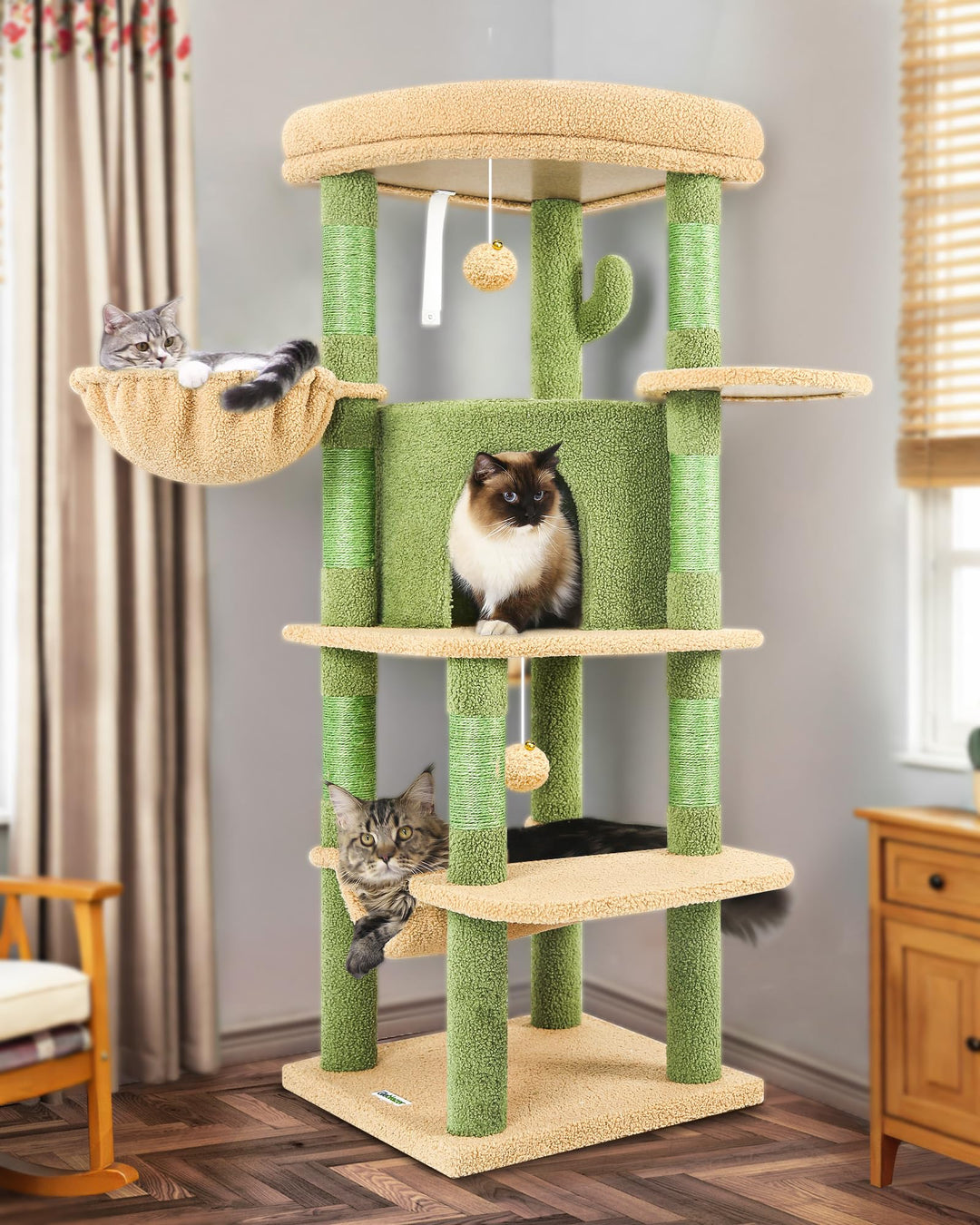 Globlazer Kratzbaum Ecke Kaktus Grün, Eckkratzbaum Stabil hoch 130 cm mit Gross Katzenhaus Sektor Ge