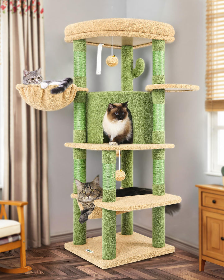 Globlazer Kratzbaum Ecke Kaktus Grün, Eckkratzbaum Stabil hoch 130 cm mit Gross Katzenhaus Sektor Ge