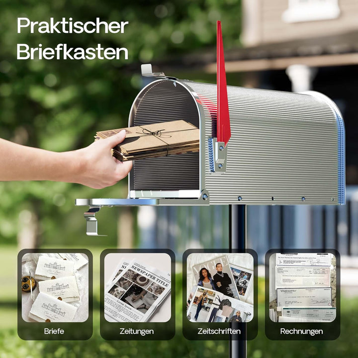 Wiltec US Mailbox Silbergrau 180 x 220 x 480 mm, amerikanischer Briefkasten mit Fahne, Wandbriefkast