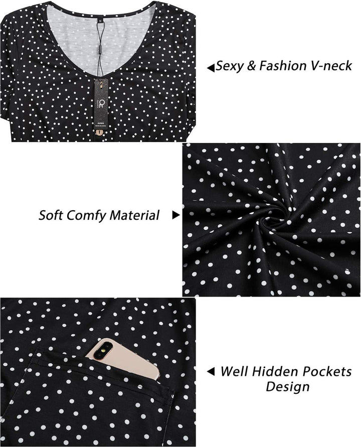 OUGES Sommerkleid Damen Casual Kleid V-Ausschnitt Midi Kleider Knopfleiste Freizeitkleid mit Taschen