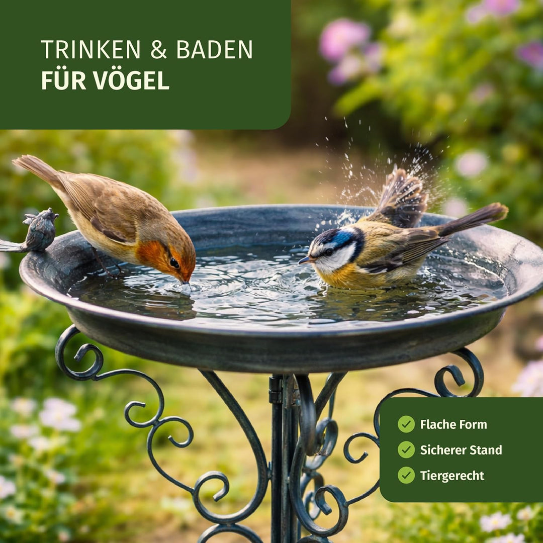 Moritz Vogeltränke Vogelbad grün mit kleinem Vogel auf der Wasserschale Höhe 73cm stehend Vogelbecke