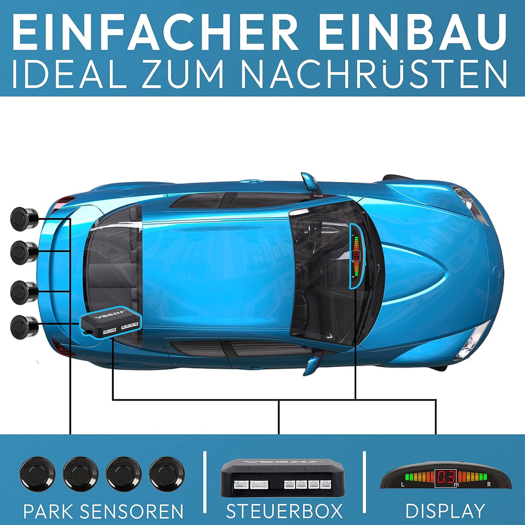 VSG24 Premium Einparkhilfe hinten mit Display zum nachrüsten am Auto, PDC Parksensoren hinten mit St