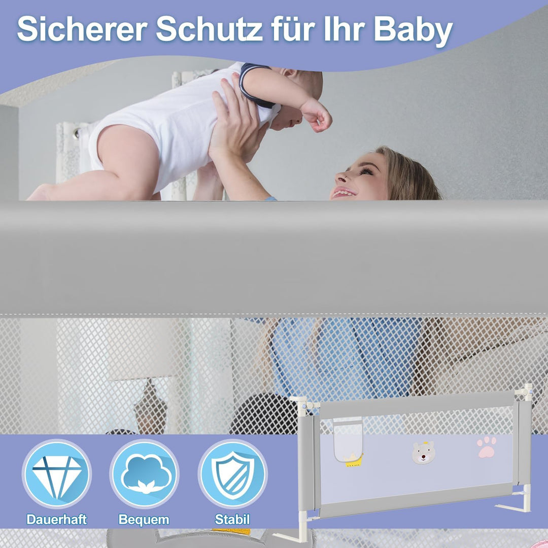 Ikodm Bettgitter 180cm, 70-98 cm Höhenverstellbar, Babybettgitter für Kleinkinder, Rausfallschutz Be