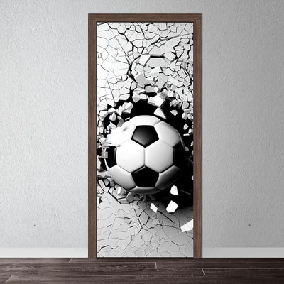 wandmotiv24 Türtapete Fussball durch Wand, 3D, Sport, Ball 80 x 200cm (B x H) - Dekorfolie selbstkle