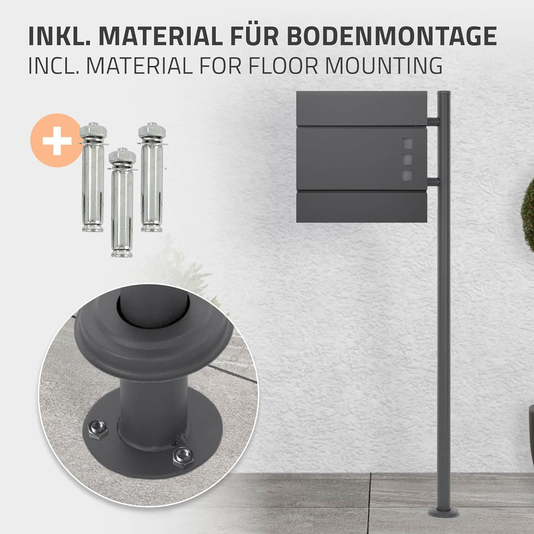ML-Design Briefkastenständer pulverbeschichteter Edelstahl Anthrazit Gesamthöhe 120 cm Rund Freisteh