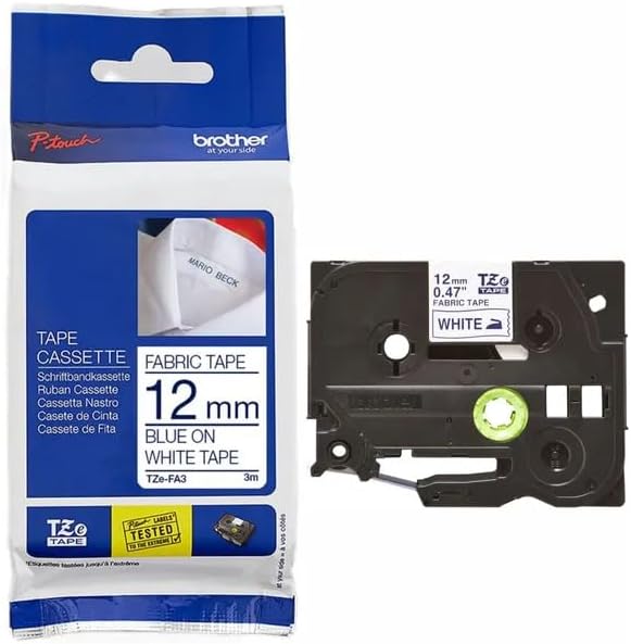 Brother TZe-FA3 P-touch Textil-Aufbügelband (12 mm breit, 3 m lang, blau auf weiss, u.a. für P-touch