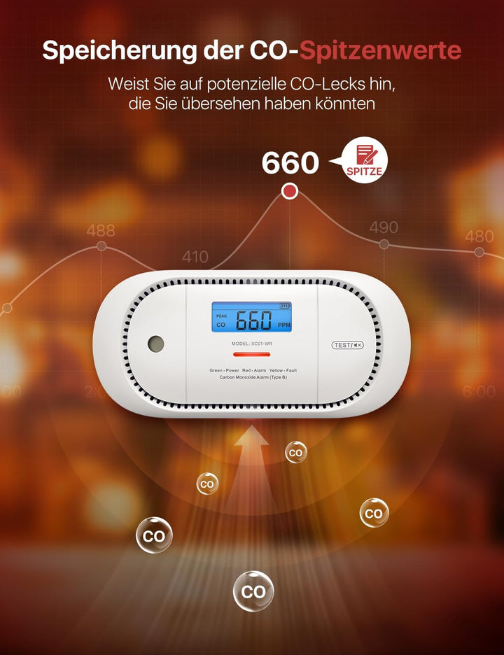 X-Sense Funkvernetzter CO Melder mit austauschbarer Batterie, Kohlenmonoxid Melder, LCD-Display und
