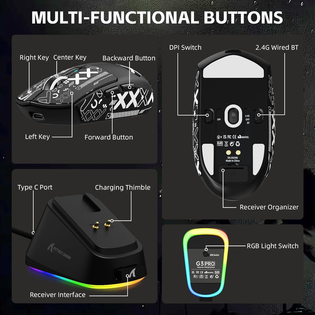 ATTACK SHARK G3PRO Kabellose Gaming-Maus mit Magnetischer Ladestation, PixArt PAW3311-Sensor, Bis zu